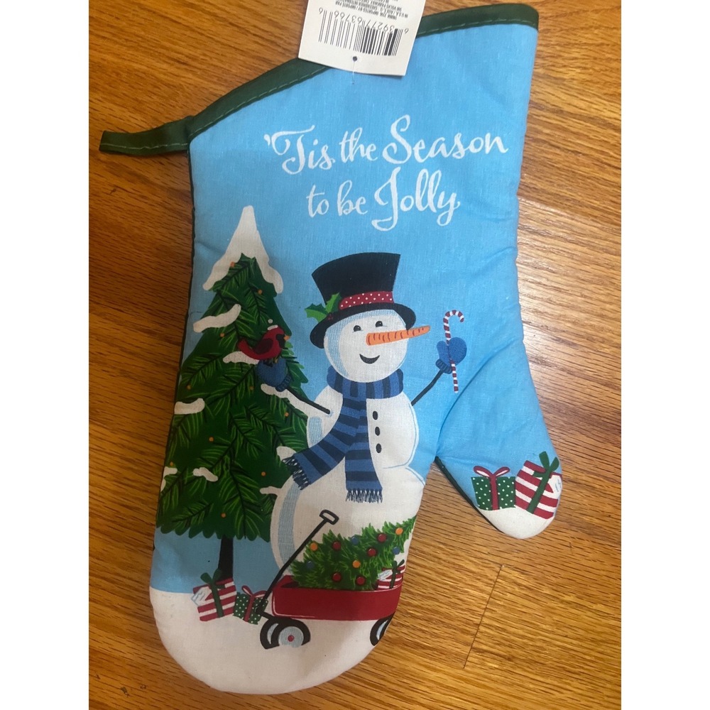 Christmas House Snowman Oven Mitt Blue Tis The Season To Be Jolly Holiday 13in